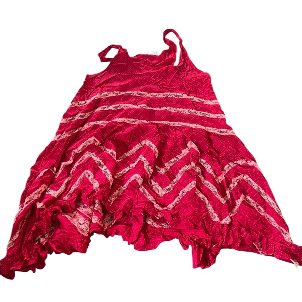 New Free People Red Pink Polka Dots Voile & Lace Boho Trapeze Mini Slip Dress XS - Picture 2 of 9